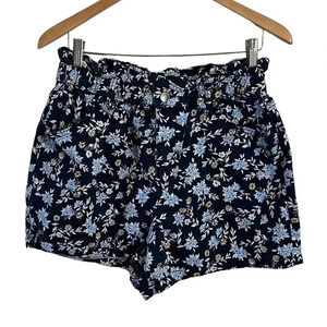 Time and Tru Floral Shorts Size 12 High Rise Ruffled Elastic Waist Mom Fit Blue